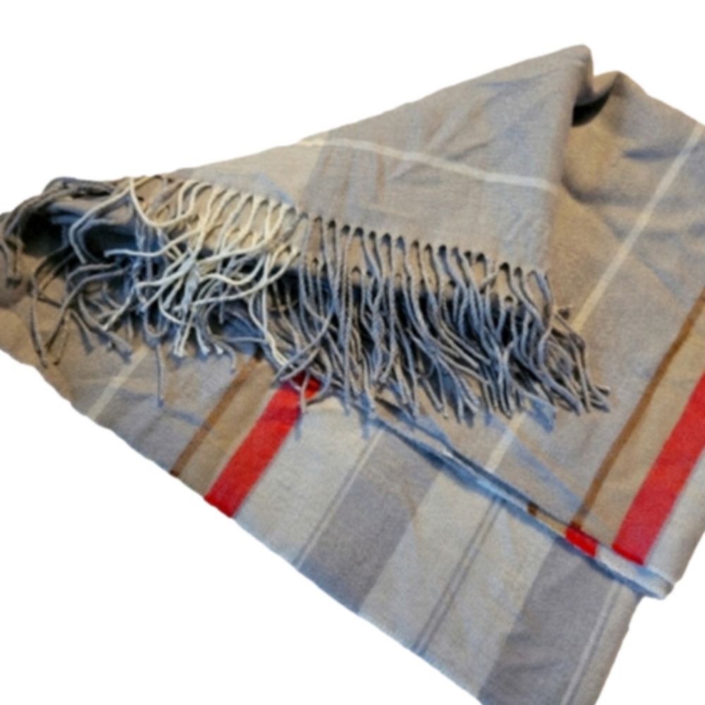 LOVE & LORE stripped grey, cream, tan, brown, and red extra wide scarf/wrap